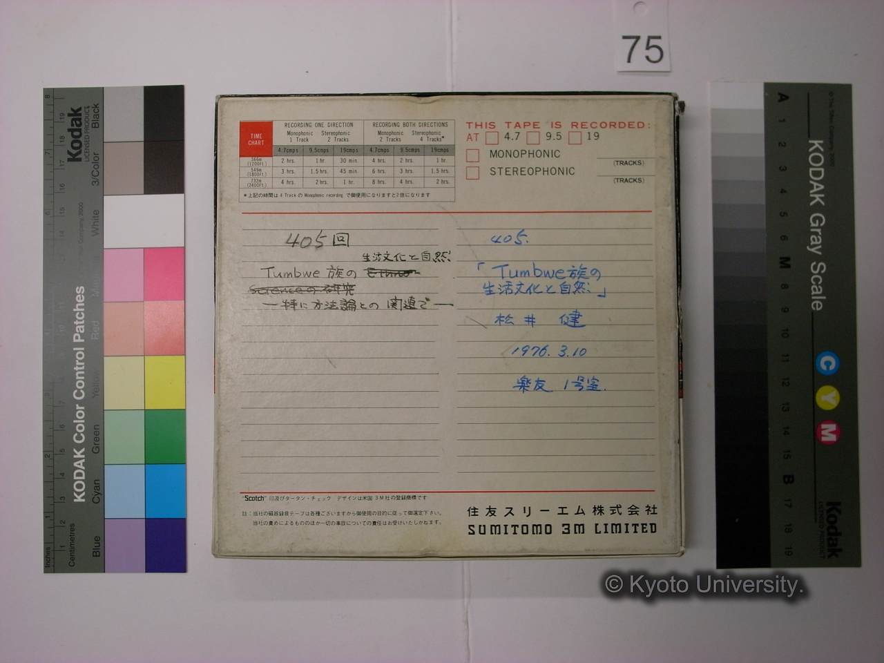 [405] 405「Tumbwe族の生活文化と自然」 / 松井健 / 1976.3.10 / 楽友 1号室. / [異筆・黒色ペン「405回 / Tumbwe族の(ミセケチ)「Ethno-science の研究」(後筆)「生活文化と自然」—特に方法論との関連で—」.] (2)